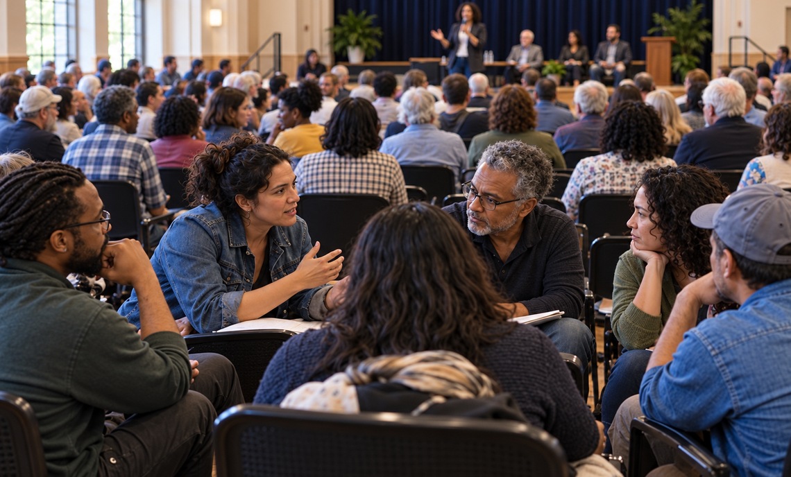 People gathered to share ideas at a grassroots social forum.