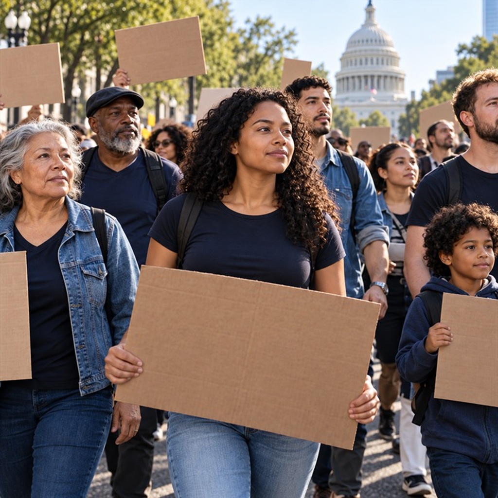 A diverse crowd participates in a peaceful civil-rights march.