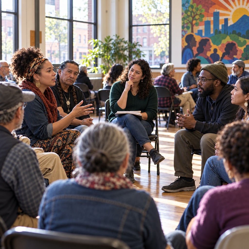 Community participants exchange views in a movement assembly.