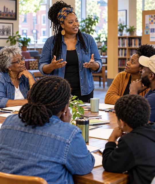 A facilitator leads a community learning circle.