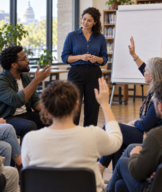 An assembly facilitator listens as participants contribute.