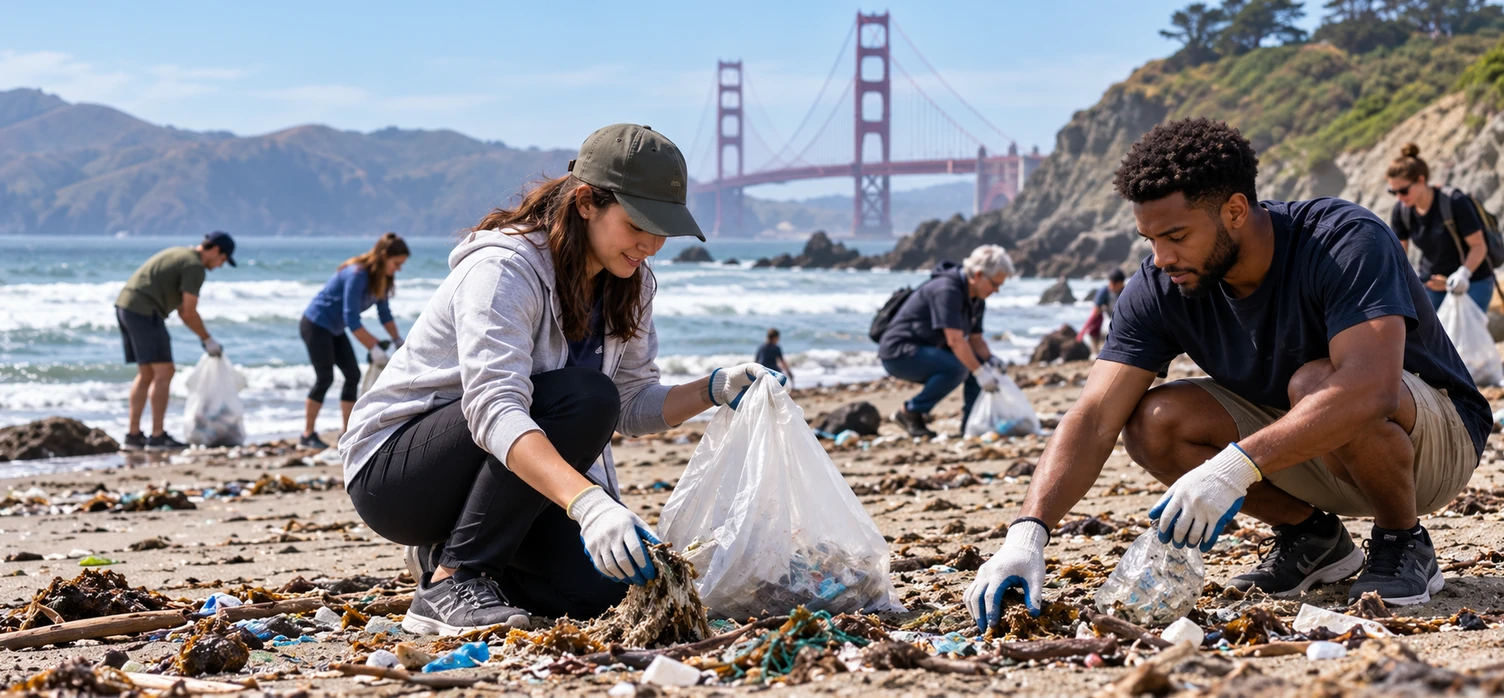 Young American volunteers cleaning a coastal beach