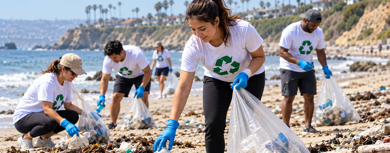 American volunteers collecting waste along a beach