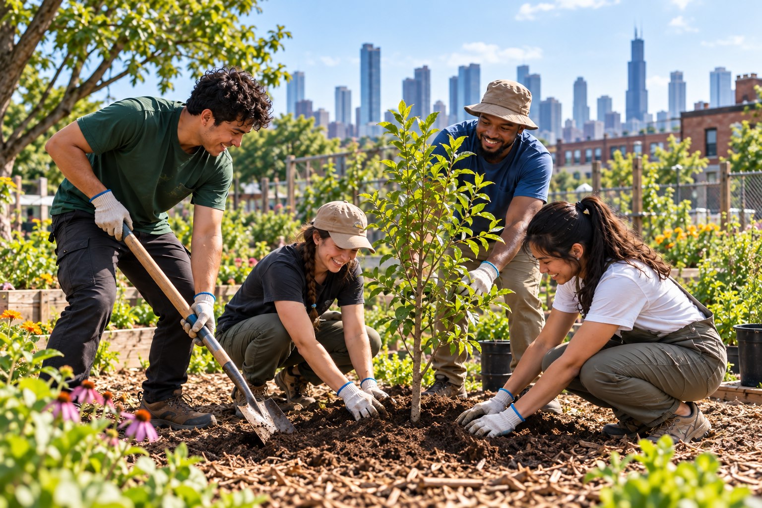 American volunteers planting trees in an urban community garden