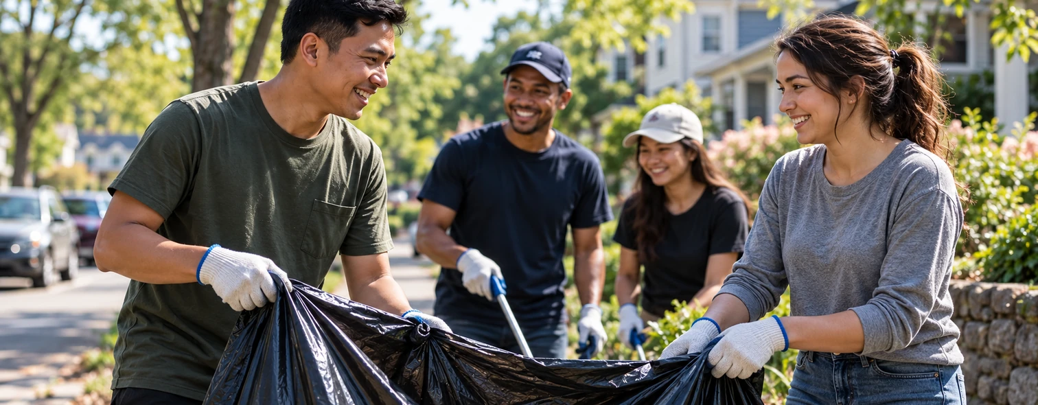 American volunteers collaborating on a neighborhood cleanup
