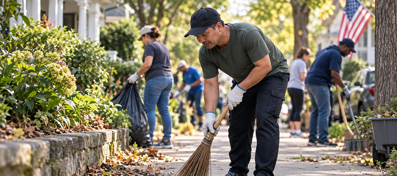 Neighborhood cleanup by American community volunteers