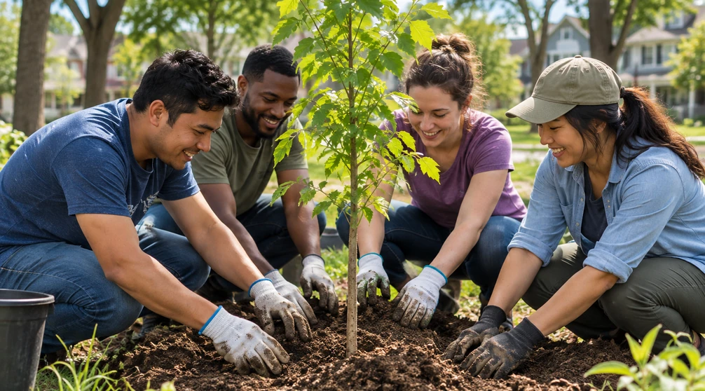 American volunteers planting a young tree in a neighborhood green space