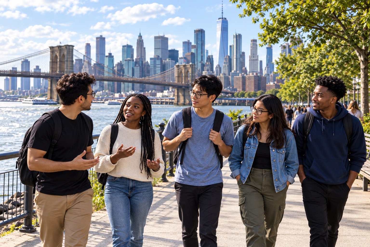Residents looking toward a U.S. city skyline while discussing local challenges