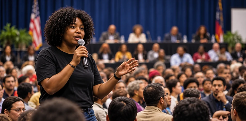 Community organizer addressing participants during a civic assembly