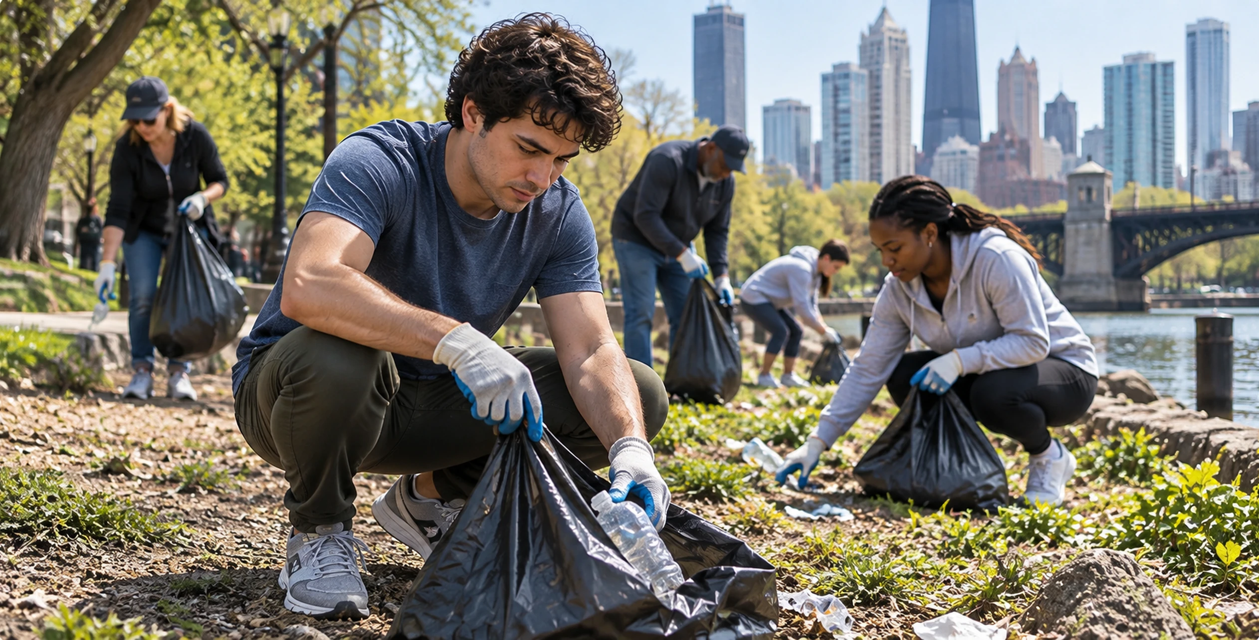 American volunteers working together on a neighborhood cleanup