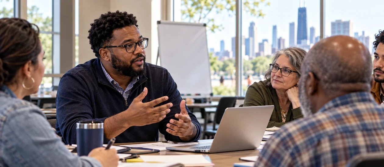 A facilitator guides an inclusive civic discussion.