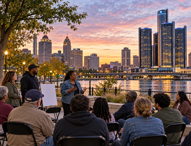 Urban waterfront representing the industrial city context of Detroit