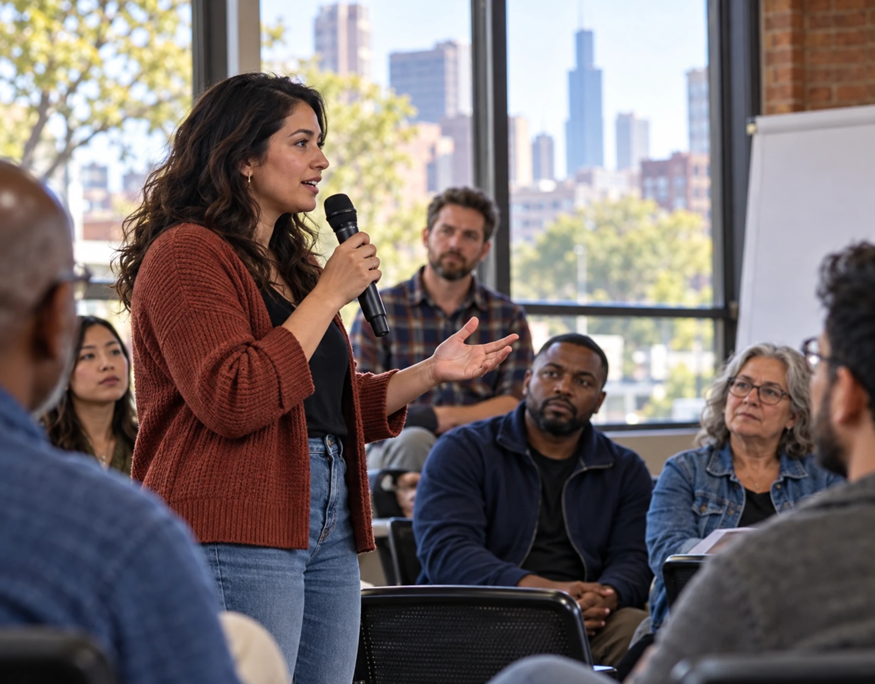 American woman speaking at a local community discussion