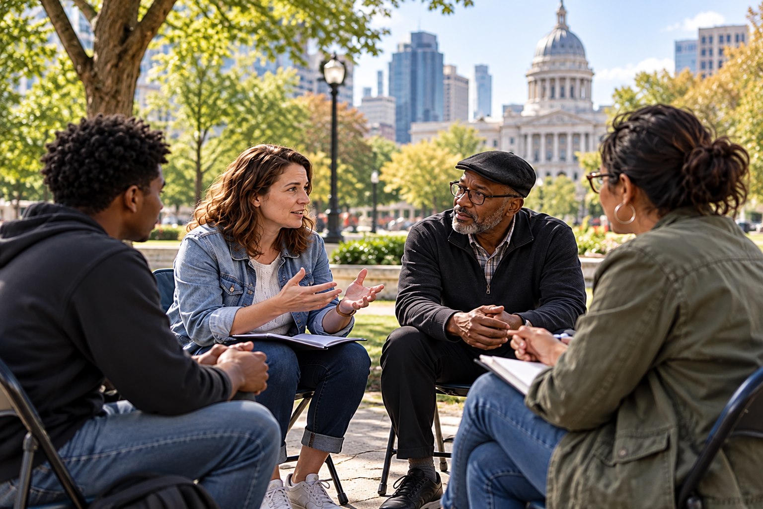 Small-group discussion supports attentive listening and shared analysis.