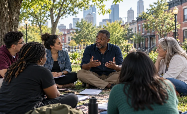 A community facilitator leads a discussion in a rural community setting.