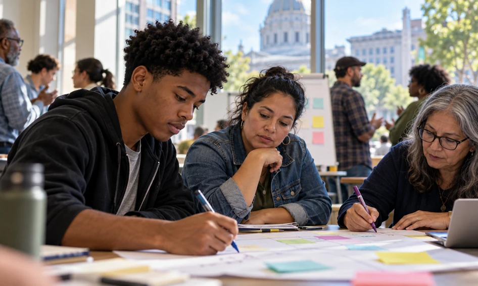 Young American participants document proposals in a collaborative workshop.