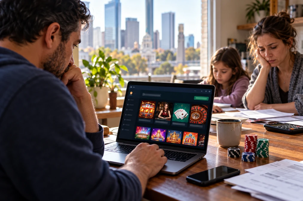 Online casino interface on a laptop in a realistic interior.