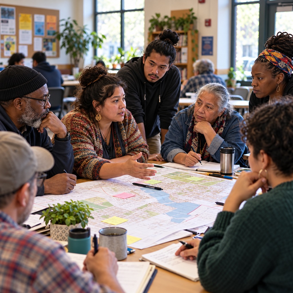 Residents plan a local campaign at a neighborhood meeting.