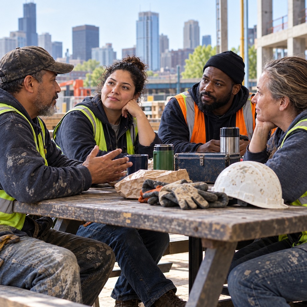 Workers discuss fair working conditions around a break-room table.