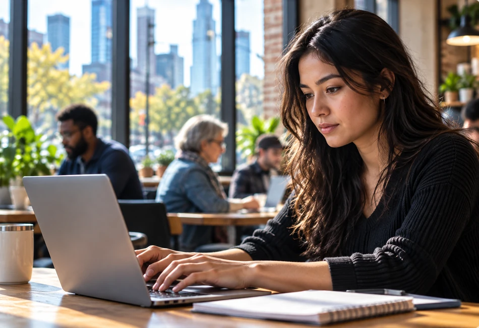 American professional working on a laptop in a local office