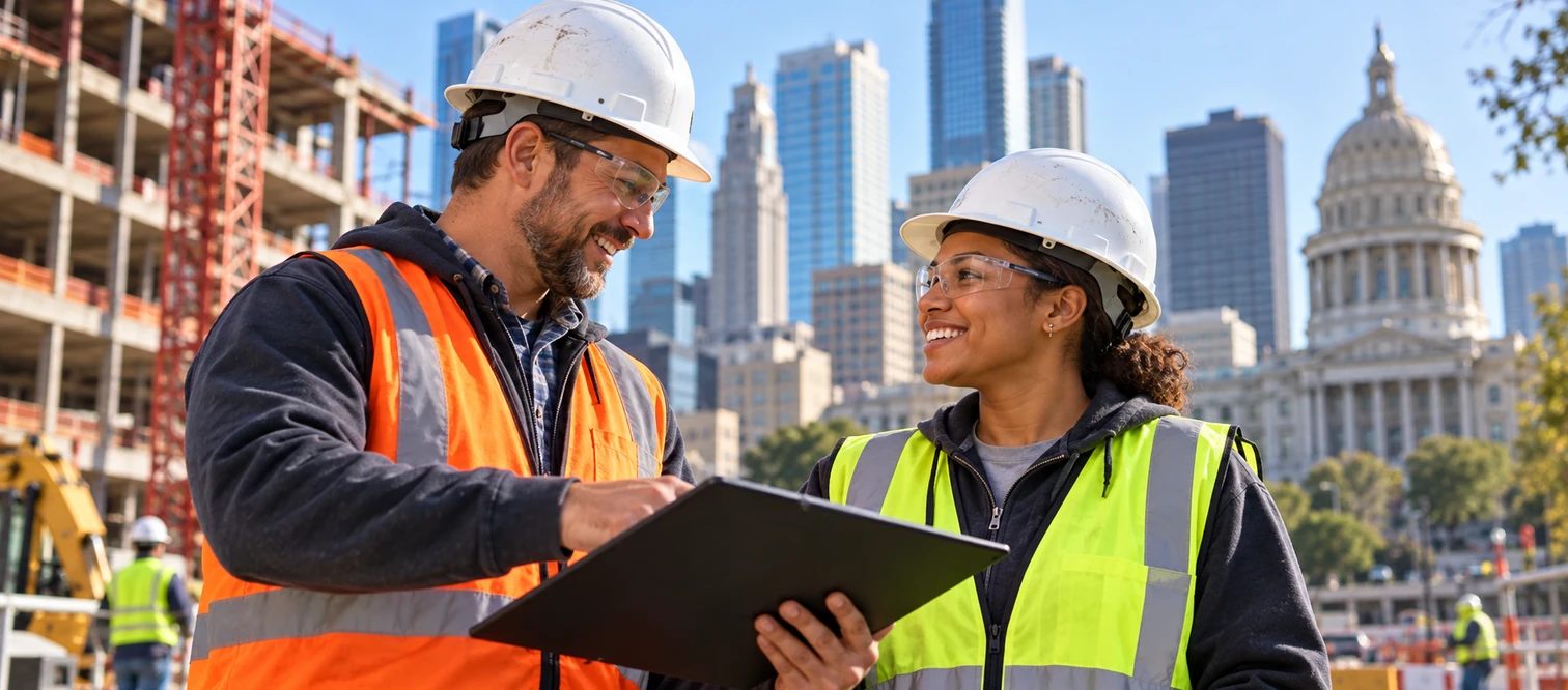 Construction professionals discussing work at an American building site.