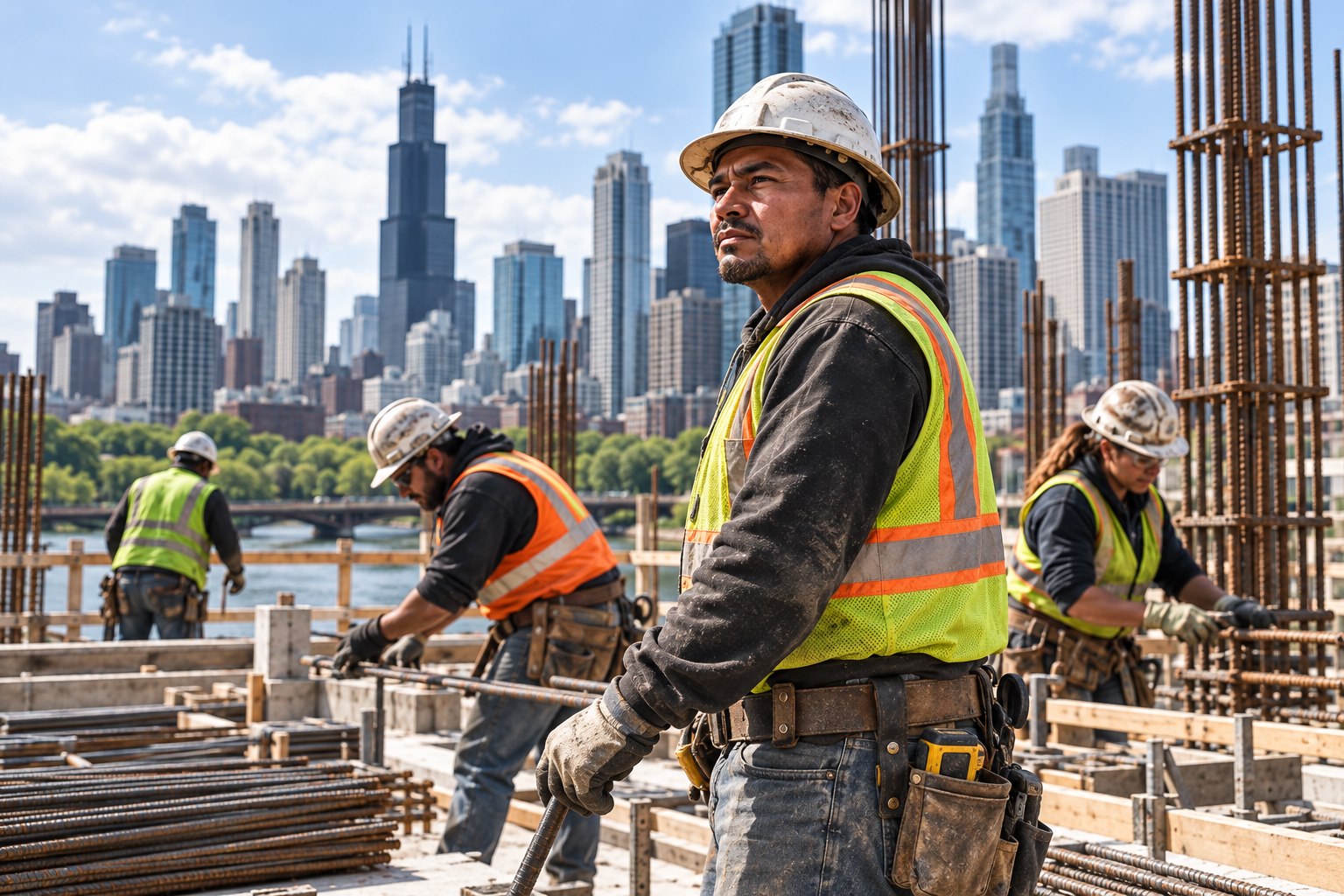 Construction workers in an American urban workplace.