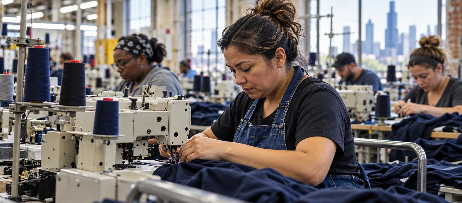 Garment manufacturing workers in an American production facility.