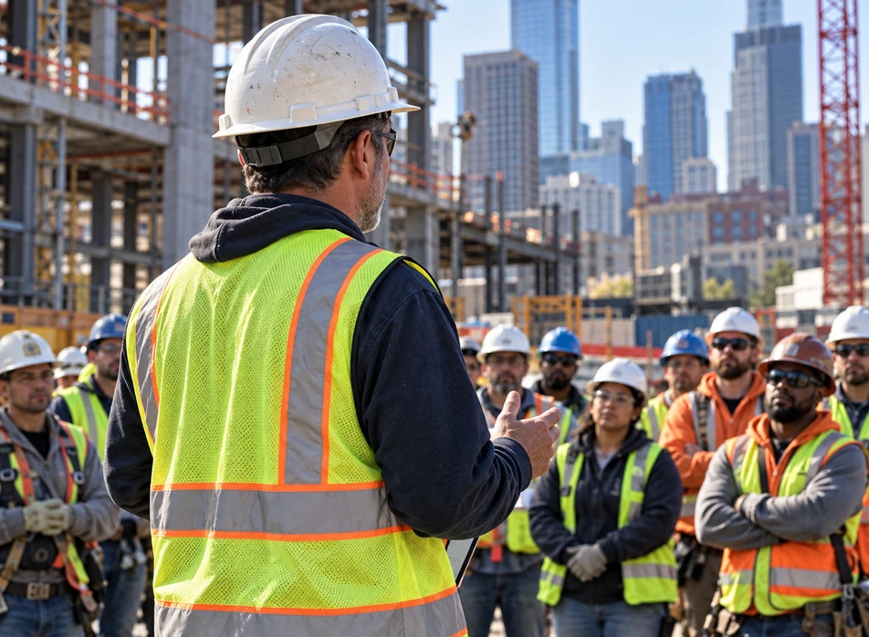 Workers taking part in a workplace safety briefing.