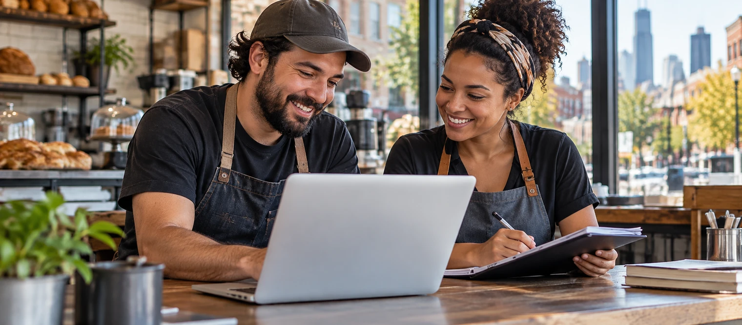 American small-business workers reviewing operations and business costs.