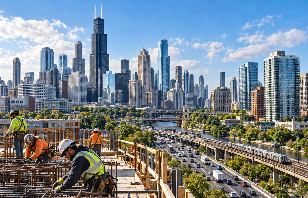 a U.S. city business district and transport infrastructure in daylight
