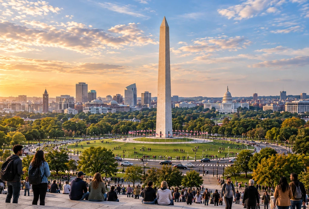 civic landmark in a U.S. city surrounded by the city skyline