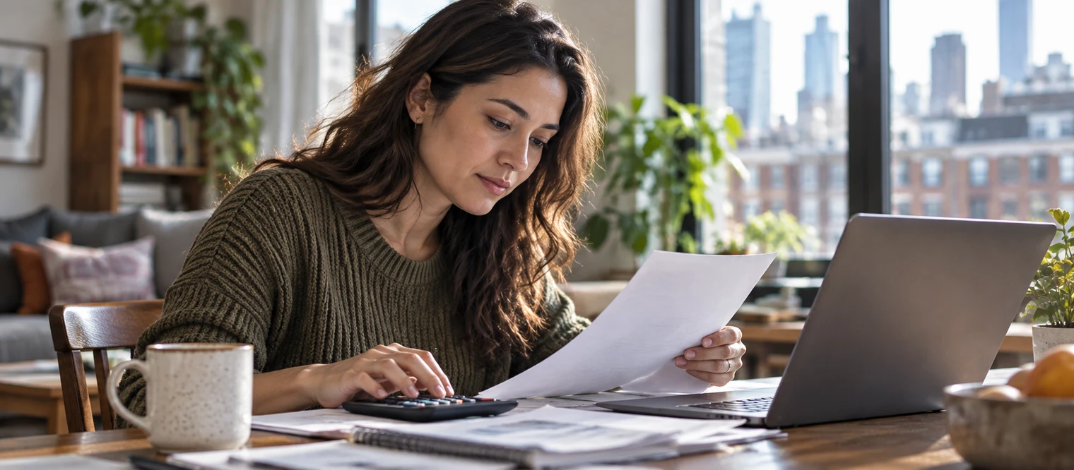 A worker in the United States reviewing earnings and household financial documents.