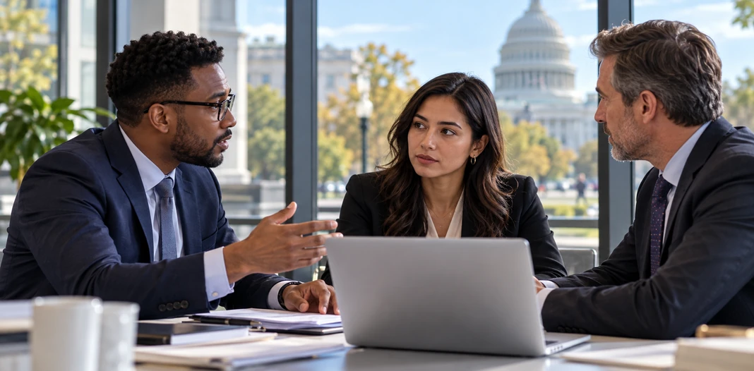 American business professionals discussing cross-border regulatory compliance