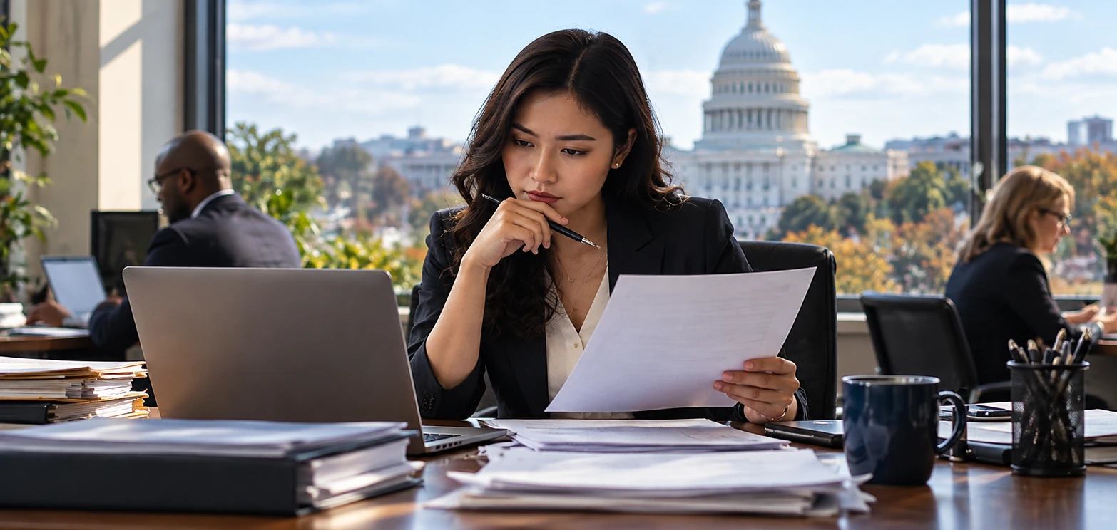 American regulatory professional reviewing US compliance documents in a modern a U.S. city office