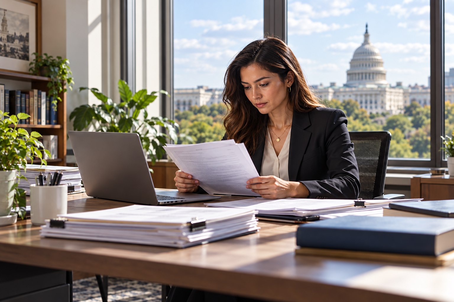American regulatory analyst examining legal documents at a desk