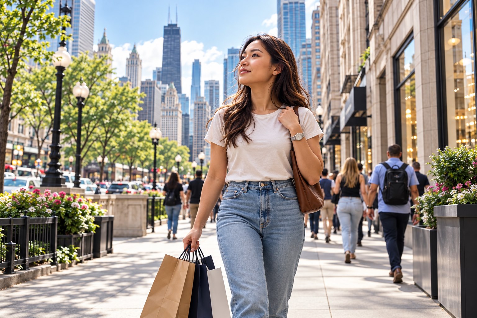 American shopper in a modern city shopping district