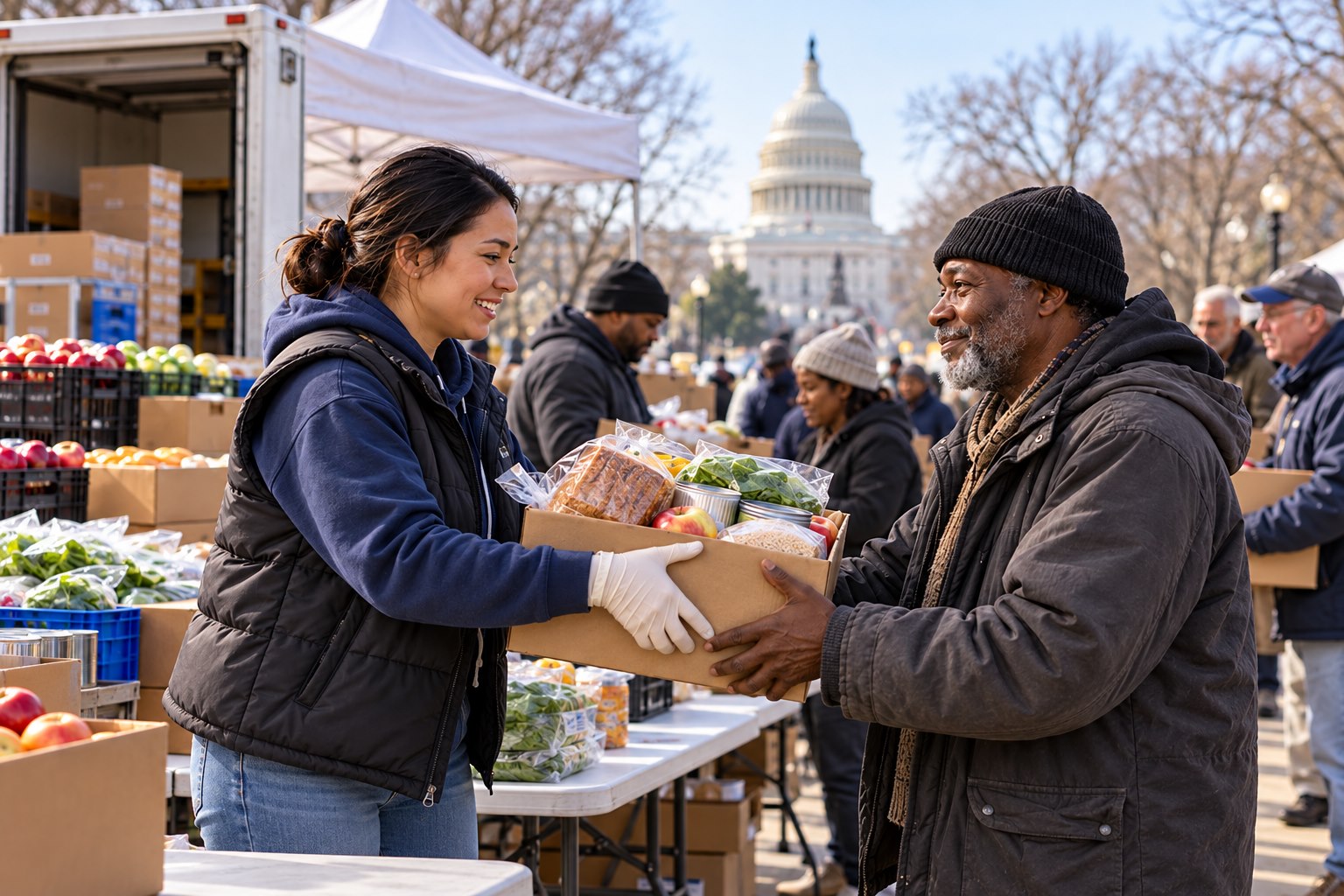American community worker distributing food assistance