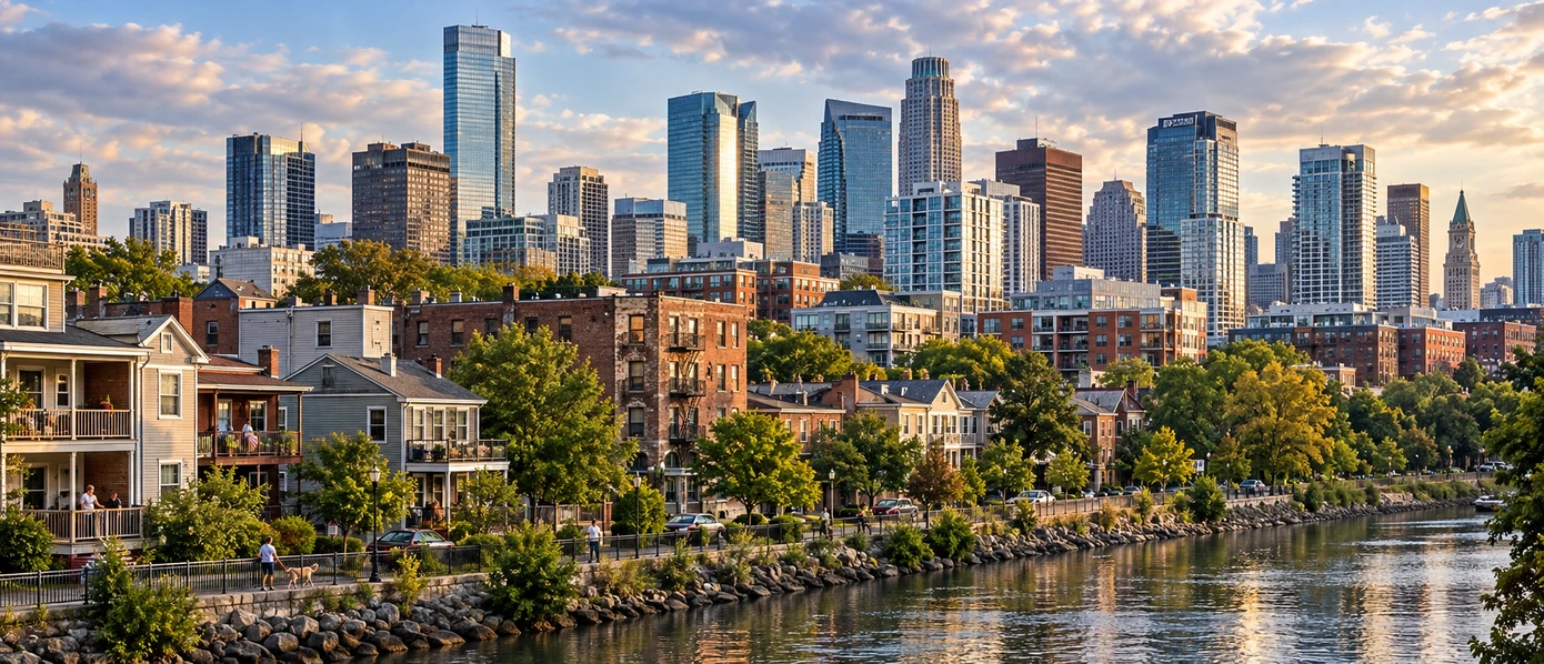 Contrasting residential neighborhoods and commercial towers in a U.S. city.